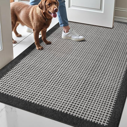 LUMI Inside Door Mat for Entry 30''x48'', Absorbent, Dirt Trapper, Low Profile Thin, Non Slip Mats with Rubber Backing, Ideal for Indoor, High Traffic, Garage, Entrance, Checkered Black