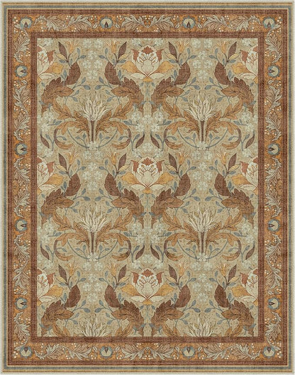 Bavni 8x10 Area Rugs for Living Room, Microfiber Machine Washable Non-Slip Vintage Floral Rug, Low Pile Lightweight Carpet for Bedroom, Dining Room, Home Office, Beige & Terracotta