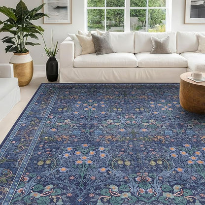 Dark Blue Living Room Rug 8x10, Vintage Floral Washable Area Rugs for Bedroom, Dining Room Under Kitchen Table, Oriental Low Pile Stain Resistant Non-Slip Large Navy Decor