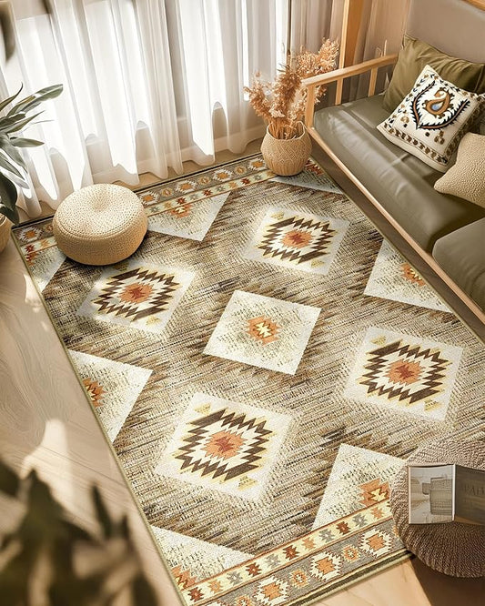 Area Rug 4x6 Rug Machine Washable Non-Slip Low Pile Print Pattern Western Rug for Living Room Bedroom Entryway Tribal Series -Cream/Camel