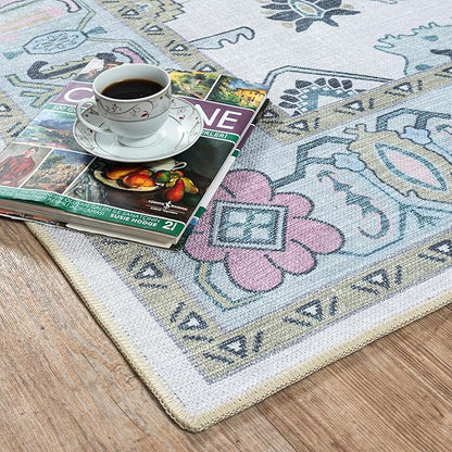 Fame Living Cream Green Oushak Rug, Modern, Vintage, Turkish, Eclectic, Floral, Pastel, Washable, Extra Large Area Rugs for Living Room, Dining, Bedroom, Lounge, 9'x12'
