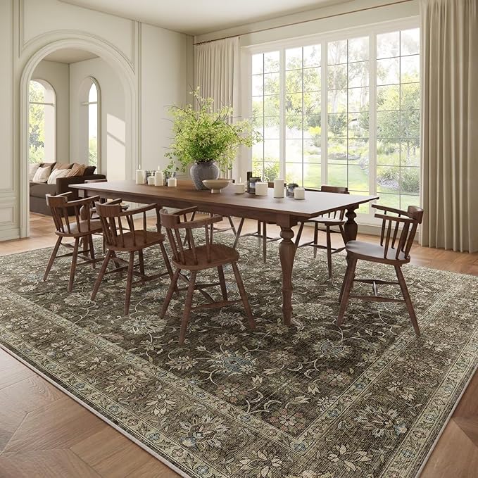 Washable 10x14 Area Rugs for Living Room, Boho Non-Slip Vintage Distress Large Rugs for Bedroom Dining Room Office, 0.3" Neutral Oriental Throw Thin Carpet, Tan/Flaxen/Multi