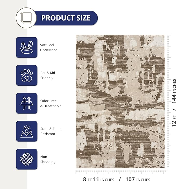 Abani Terra Area Rug for Living Room, Bedroom - Abstract Pattern - Brown Cream - 9' x 12' - Durable & Easy to Clean