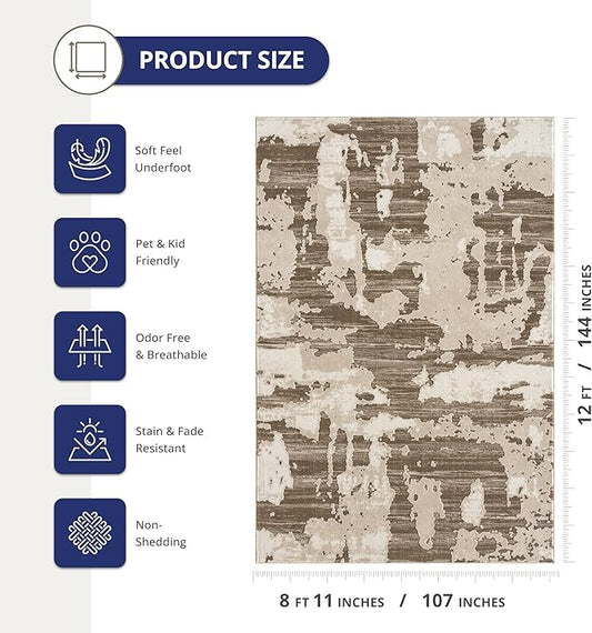 Abani Terra Area Rug for Living Room, Bedroom - Abstract Pattern - Brown Cream - 9' x 12' - Durable & Easy to Clean