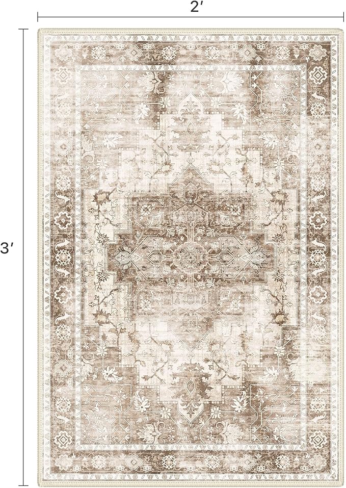 Area Rug 2x3 Doormat, Machine Washable Low Pile Vintage Rugs, Small Lightweight Rug Entryway Indoor Mat for Entrance, Hallway, Kitchen and Corridor, Latte Beige