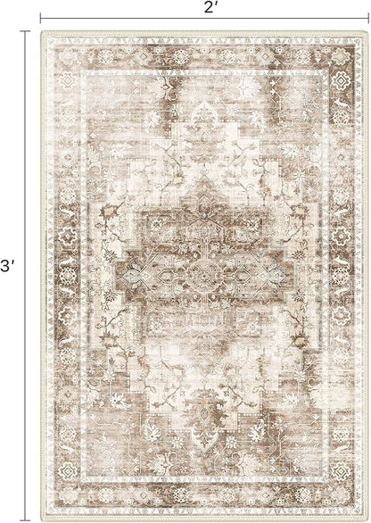Area Rug 2x3 Doormat, Machine Washable Low Pile Vintage Rugs, Small Lightweight Rug Entryway Indoor Mat for Entrance, Hallway, Kitchen and Corridor, Latte Beige