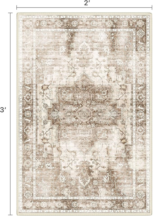 Area Rug 2x3 Doormat, Machine Washable Low Pile Vintage Rugs, Small Lightweight Rug Entryway Indoor Mat for Entrance, Hallway, Kitchen and Corridor, Latte Beige