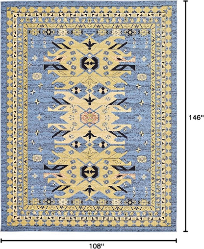 Unique Loom Taftan Collection Border Geometric Tribal Inspired Design Area Rug (9' 0 x 12' 0 Rectangular, Light Blue/ Gold)