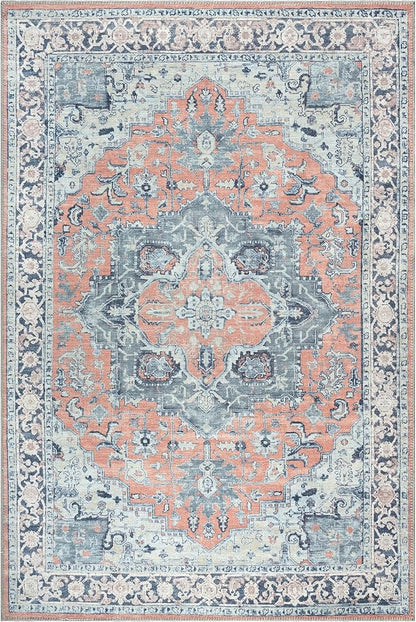 Bloom Rugs Washable Non-Slip 6' x 9' Rug - Coral/Blue Traditional Medallion Area Rug for Living Room, Bedroom, Dining Room, and Kitchen - Exact Size: 6' x 9'