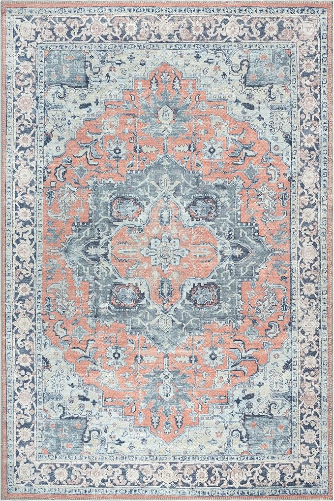 Bloom Rugs Washable Non-Slip 3' x 5' Rug - Coral/Blue Traditional Medallion Area Rug for Living Room, Bedroom, Dining Room, and Kitchen - Exact Size: 3' x 5'