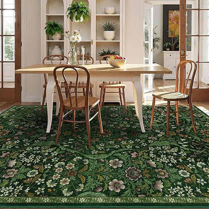Floral Washable 6x9 Area Rug，Dark Green Boho Rugs for Living Room, Soft Low-Pile Non-Slip Stain Resistant & Non-Shedding Carpet for Bedroom, Dining Room, Office, Entryway, Nursery