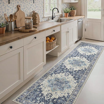 2'6''x10 Runner Rugs for Hallway, Machine Washable Non Slip Vintage Rugs, Low Pile Lightweight Soft Print Rug for enrtyway, Corridor, Home Office, Kitchen, Center Blue