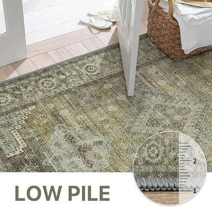 GENIMO Runner Rug 2x8 Non Slip Machine Washable Vintage Hallway Runner Rugs, Low Pile Lightweight Mat for Living Room, Entryway, Bedroom, Kitchen and Corridor, Distressed Sage