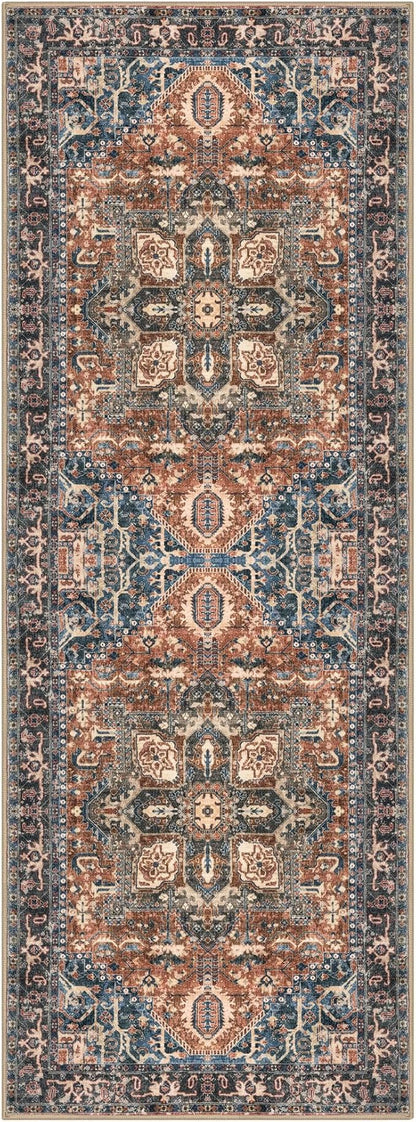 KOZYFLY Runners for Hallways 2x6 Ft Washable Kitchen Runner Rug Boho Runner Rug for Entryway Indoor Printed Oriental Faux Wool Floor Carpet Runner for Bedroom Kitchen Hall, Red/Navy Blue/Brown