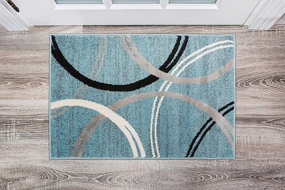 Rugshop Modern Wavy Circles Design Accent Rug, Carpet with Jute Backing for Entryway, Bathroom, or Kitchen, Blue, 2' x 3'