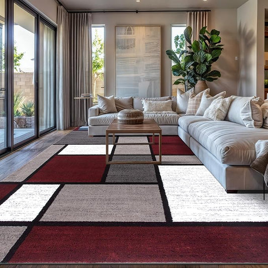 Rugshop Modern Geometric Boxes Red Area Rug, Non-Shedding Carpet for Living Room, Large Bedroom, or Open Spaces, 9' x 12'
