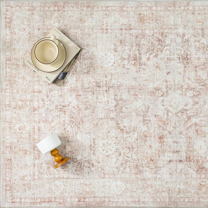 3x5 Beige Washable Area Rug for Entryway Neutral Soft Non Slip Carpet Low Pile Vintage Distressed Door Mat for Bathroom Bedroom Entrance Living Room