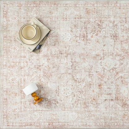 3x5 Beige Washable Area Rug for Entryway Neutral Soft Non Slip Carpet Low Pile Vintage Distressed Door Mat for Bathroom Bedroom Entrance Living Room