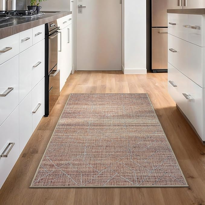 GLN Rugs Contemporary Collection - Machine Washable Area Rug, Contemporary Washable, Non Slip, Low Pile Chenille Rug, Living Room, Bedroom, Kitchen Rug (2'6" x 7' Terra/Brown)