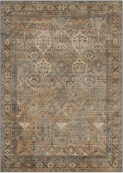 Bavni Washable Rug 5x7 Area Rug for Living Room Bedroom Dining, Washable Vintage Print Carpet, Ultra-Thin Chenille Low Pile Lightweight Rug with Non Slip Backing, Warm Taupe