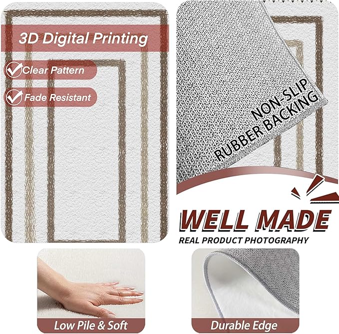 Moroccan Farmhouse Area Rugs 5x8ft, Neutral Geometric Pattern in Off-White Rug, Low Pile Machine Washable & Non-Slip Soft Carpet for Living Room, Bedroom & Dining Room