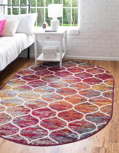 Rugs.com Lattice Frieze Collection Rug – 4' x 6' Oval Multi Medium Rug Perfect for Living Rooms, Large Dining Rooms, Open Floorplans