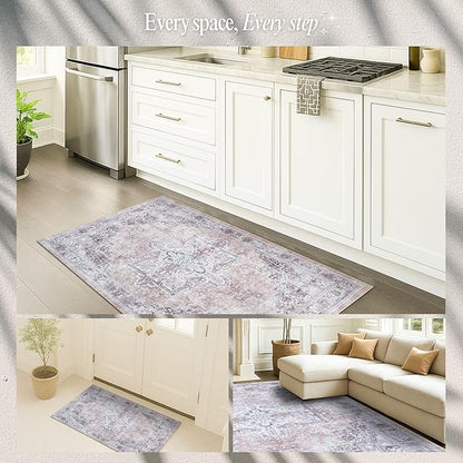 Fame Rugs Turkish Rug. Washable Vintage Oriental Antique Inspired Traditional Doormat Small Modern Area Rugs Luxury Entryway Entry Bedroom Bathroom Kitchen (392TW, 2'5 x 6'9)