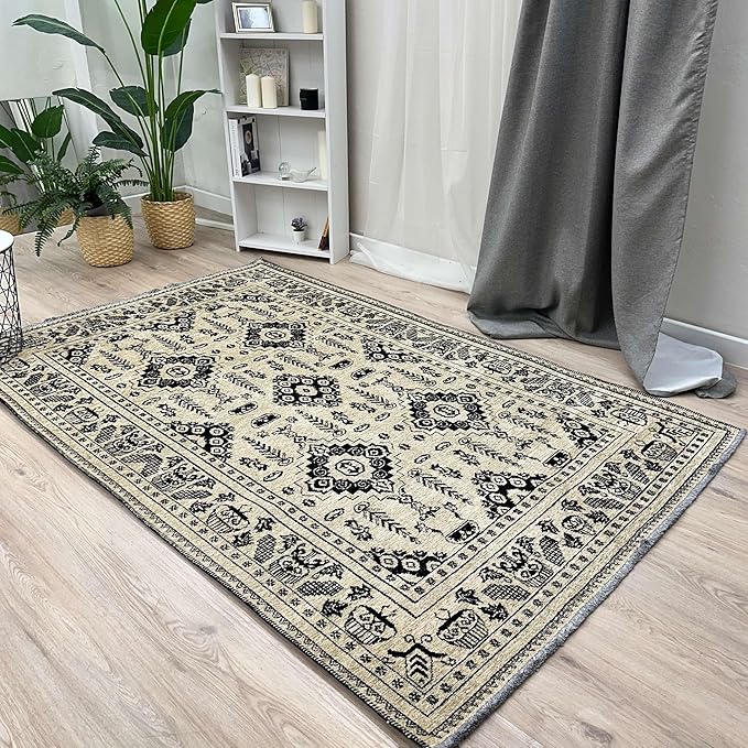 Alfa Rich 5x8 Beige Black Washable Area Rugs for Living Room Bedroom Kitchen Dining Cotton Rug