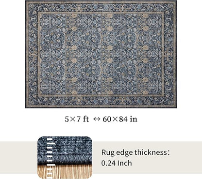 Washable Living Room Rug: 5x7 Boho Floral Soft Area Rug for Bedroom Decor - Vintage Low Pile Thin Carpet for Dining Room Non-Slip - Farmhouse Stain Resistant Rugs - Slate Blue