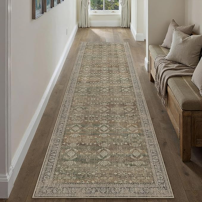 3x10 Brown Area Rug Runners for Hallways Washable Vintage Distressed Carpet Low Pile Non Slip Indoor Retro Soft Long Accent Rug Bedroom Kitchen Bathroom Laundry Dining Living Room
