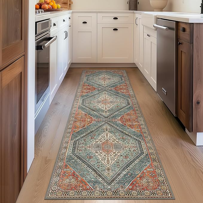 Bavni Runner Rug 2x12 Kitchen Rugs for Hallways Entryway, Washable Vintage Print Carpet, Ultra-Thin Chenille Low Pile Lightweight Rug with Non Slip Backing, Light Red/Blue