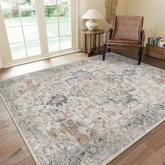 Bavni Washable Rug 6x9 Area Rug for Living Room Bedroom Dining, Washable Vintage Print Carpet, Ultra-Thin Low Pile Lightweight Rug with Non Slip Backing, Light Taupe Brown