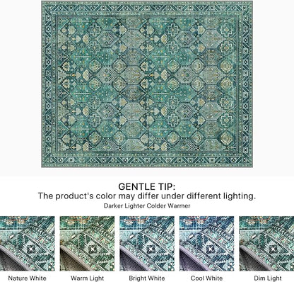 Bavni Washable Rug 8x10 Area Rug for Living Room Bedroom Dining, Washable Vintage Print Carpet, Ultra-Thin Chenille Low Pile Lightweight Rug with Non Slip Backing, Dark Green