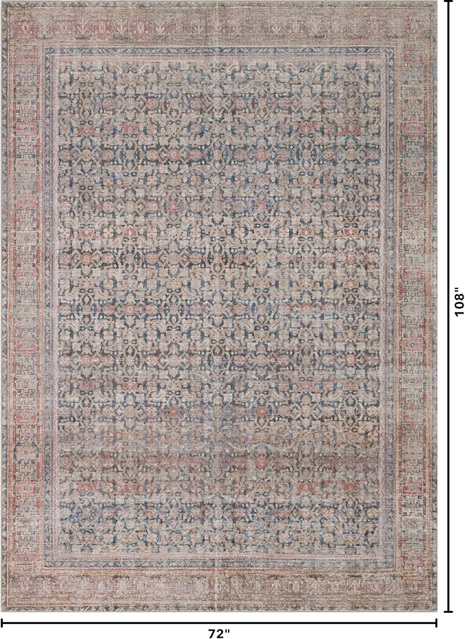 Kuden 6x9 Area Rug, Machine Washable Area Rug with Non-Slip Backing, Vintage Style, Soft, Easy Clean, Low Pile Rug for Living Room, Bedroom, Dining Room