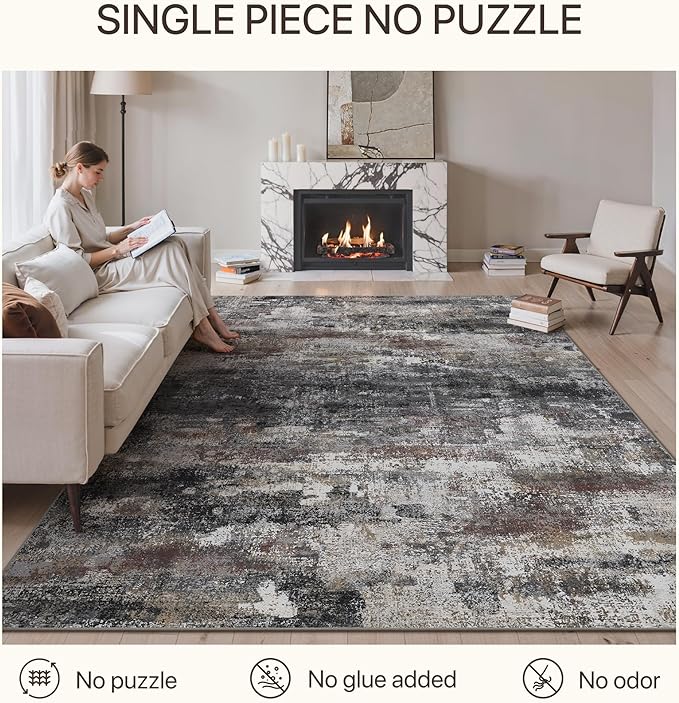 GENIMO No Crease Non Slip 6x9 Area Rugs for Living Room, Craft Woven Modern Abstract Rug, Soft Floor Carpet, Single-Piece Rugs for Bedroom, Dining Room, Office, Dark Gray Brown