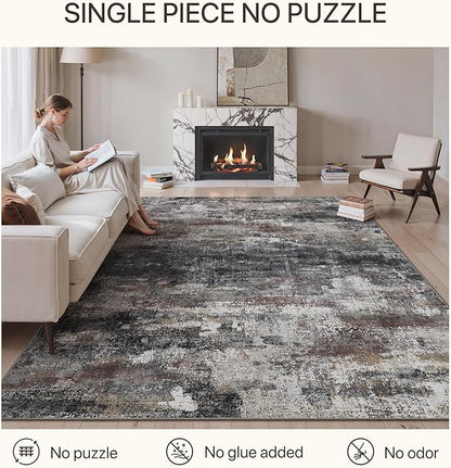 GENIMO No Crease Non Slip 6x9 Area Rugs for Living Room, Craft Woven Modern Abstract Rug, Soft Floor Carpet, Single-Piece Rugs for Bedroom, Dining Room, Office, Dark Gray Brown