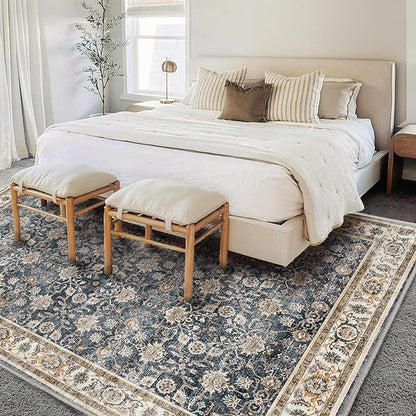Washable Area Rug 9'x12' Retro Boho Design Non-Shedding Easy Care Ideal for High Traffic Areas in Living Room Bedroom Office Coffee Table Kitchen Large Carpet
