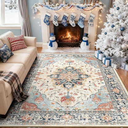 Area Rugs 9'x12' Washable Non-Slip, Floral Vintage Distress Print Pattern Medallion Carpet for Living Room Bedroom Dining Room, Beige Navy Blue Orange Colorful