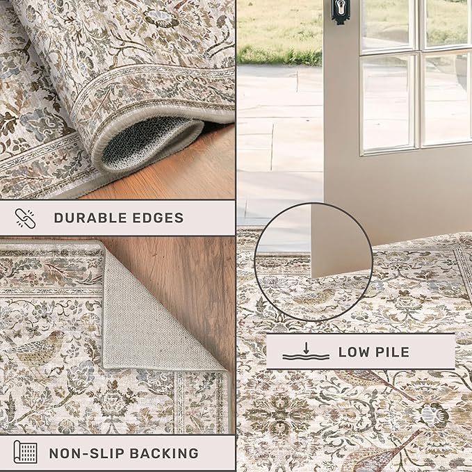 Vintage Floral Bedside Rug for Bedroom, 2x6 Washable Runner Rugs for Kitchen, Entryway, Hallway, Non Slip Moss Bathroom Carpet, Traditional Home Décor with Bird Pattern (Moss)