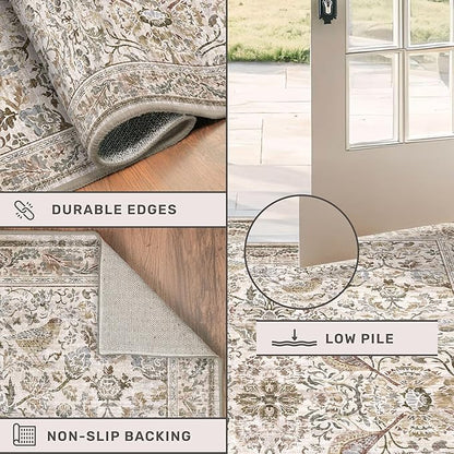 Large Washable Living Room Area Rug, Moss 4x6 Oriental Rug for Bedroom Beside Bed, Kitchen, Mudroom, Entryway, Vintage Home Décor, Non Slip Soft Stain Resistane Carpet with Bird Pattern
