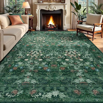 Washable Farmhouse Green 9x12 Rug for Living Room - Boho Floral Art Deco Area Rug for Bedroom, Dining Room Under Kitchen Table, Large Distressed Low Pile Non Slip Carpet - Soft Botanical Mat
