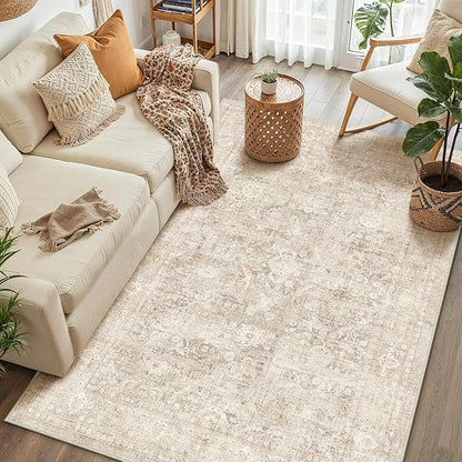 3x5 Beige Washable Area Rug for Entryway Neutral Soft Non Slip Carpet Low Pile Vintage Distressed Door Mat for Bathroom Bedroom Entrance Living Room