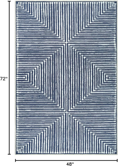 Bloom Rugs Washable Non-Slip 4' x 6' Rug - Blue Striped Area Rug for Living Room, Bedroom, Dining Room, and Kitchen - Exact Size: 4' x 6'