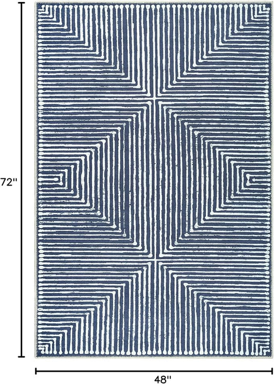 Bloom Rugs Washable Non-Slip 4' x 6' Rug - Blue Striped Area Rug for Living Room, Bedroom, Dining Room, and Kitchen - Exact Size: 4' x 6'