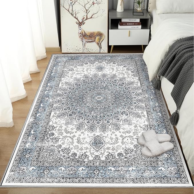 5’x7’ Area Rugs for Living Room Non Slip Washable Low Pile Area Rugs for Bedroom Dining Foldable Vintage Carpets Blue