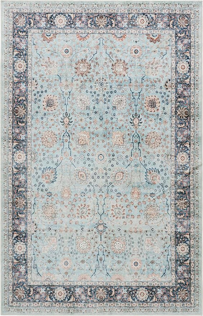 GLN Rugs Traditional Collection - Machine Washable Area Rug, Traditional Washable, Non Slip, Low Pile Chenille Rug, Living Room, Bedroom, Kitchen Rug (8' x 10' Light Blue)