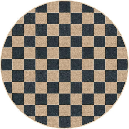 Lahome Checkered Round Rugs 6ft, Outdoor Patio Easy Jute Rug Indoor Outdoor Circle Carpet, Farmhouse Nature Non Shedding Non Slip Washable Black Carpet for Living Room Entry Deck