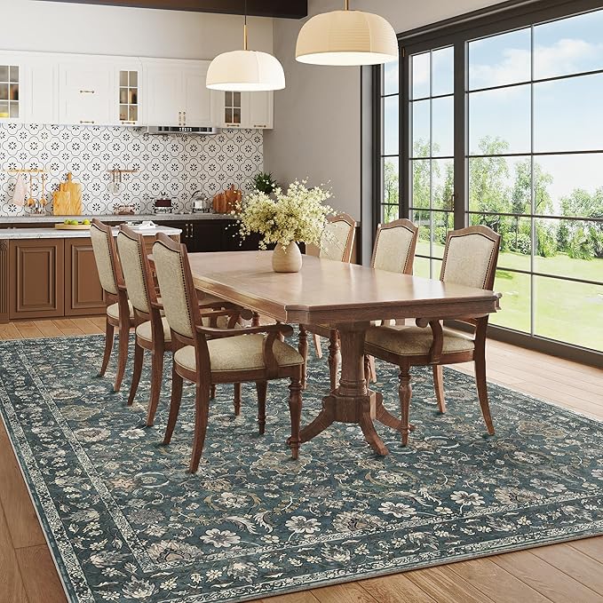 5X7 Area Rugs for Living Room, Soft Rugs Blue Washable Rug, Indoor Vintage Rugs for Bedroom Home Office Laundry, Rubber Backed Non Slip Low Pile Carpet, Deep Blue