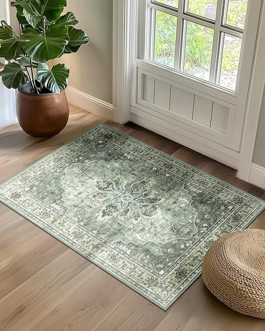 Area Rugs 2'x3' Washable Non-Slip, Floral Vintage Distress Print Pattern Medallion Carpet for Living Room Bedroom Dining Room, Dark Green Gray