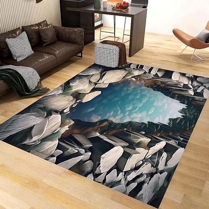 Visual Illusion Canyon Living Room Rug, 5x7ft, 3D Visual Effect Stream Indoor Throw Mat, Stone Crack Ultra Soft Home Decor Carpet, Thin Low Pile Machine Washable Rugs for Entrance